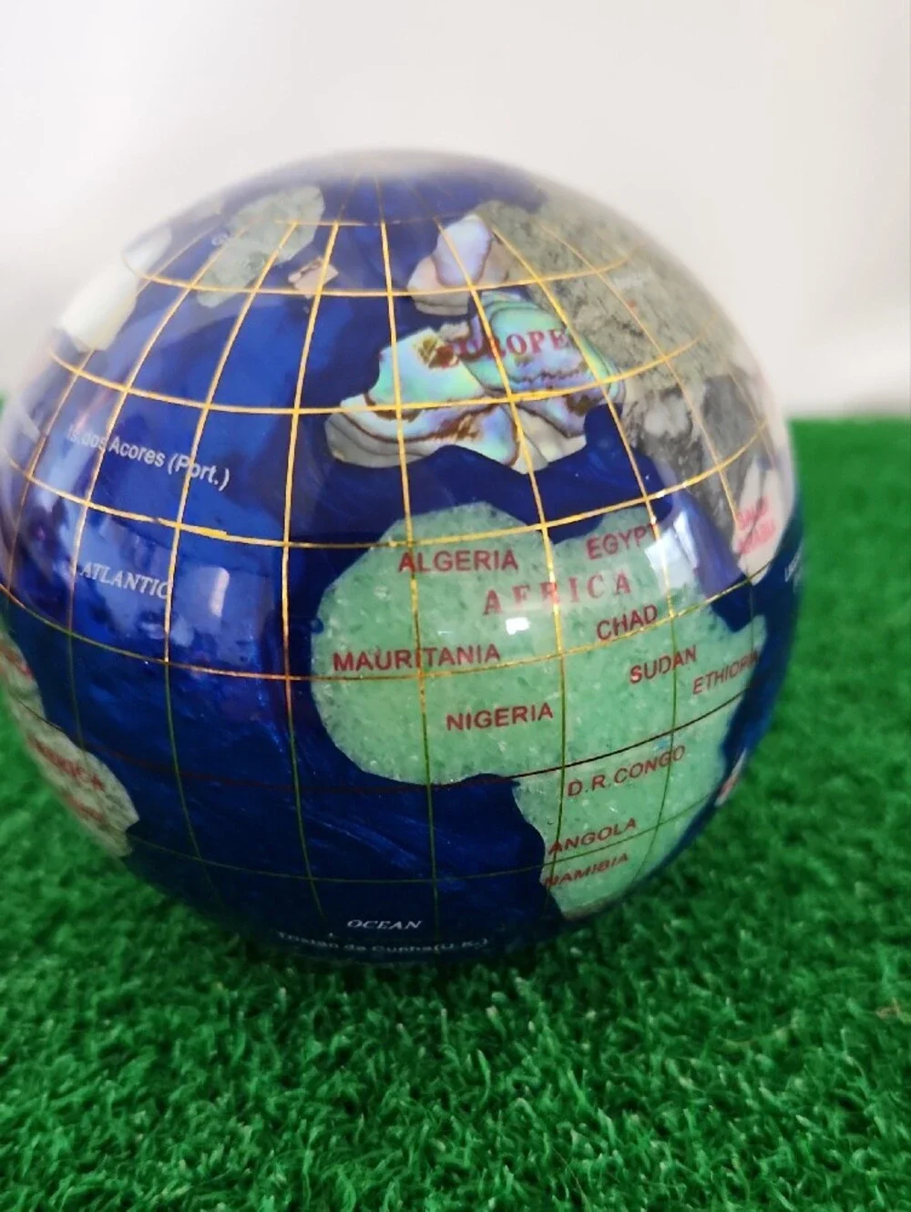 Gemstone World Globe Paperweight Inlaid Crushed Gemstones/ Shell